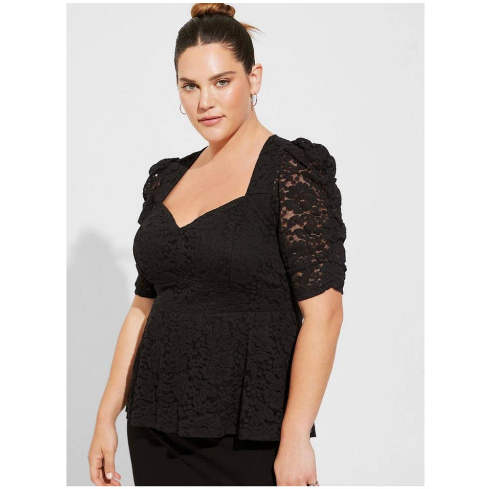 New Torrid Womans Sz 6X 30 Blouse Black Lace Lined Peplum Top Cinch Elbow NWT